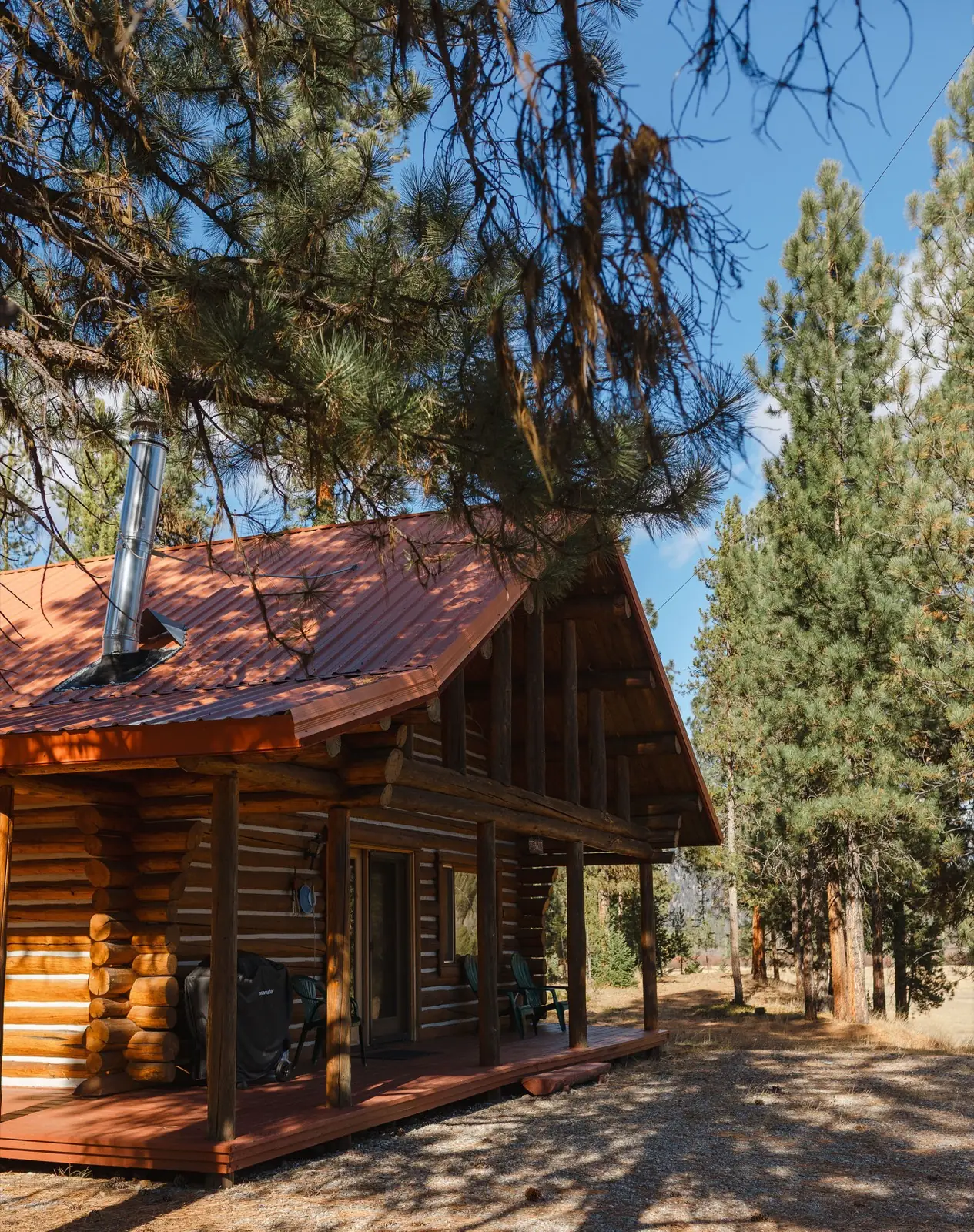 The Cottonwood log cabin and its porch under the pines at Alta Ranch