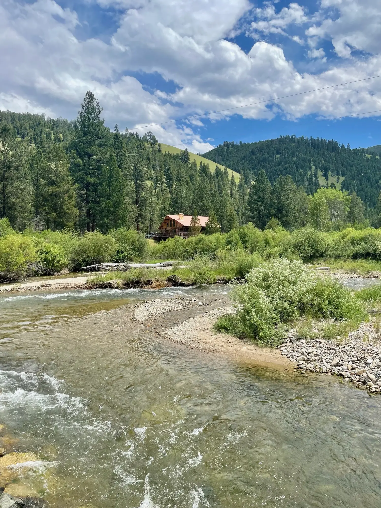 The West Fork running clear past a cabin in the trees