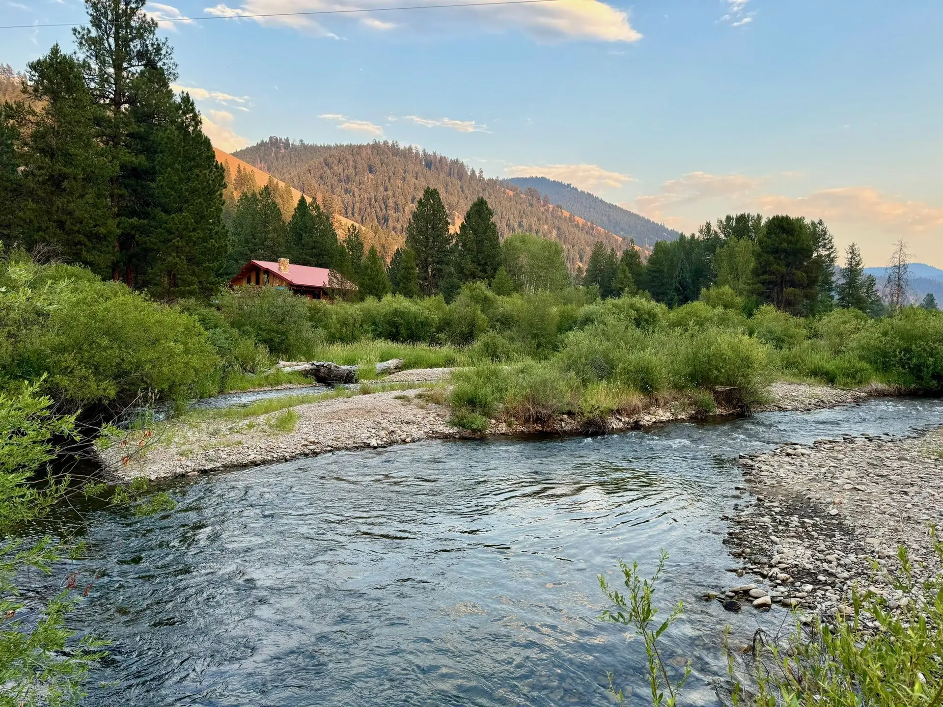 The West Fork of the Bitterroot running past a log cabin in the pines