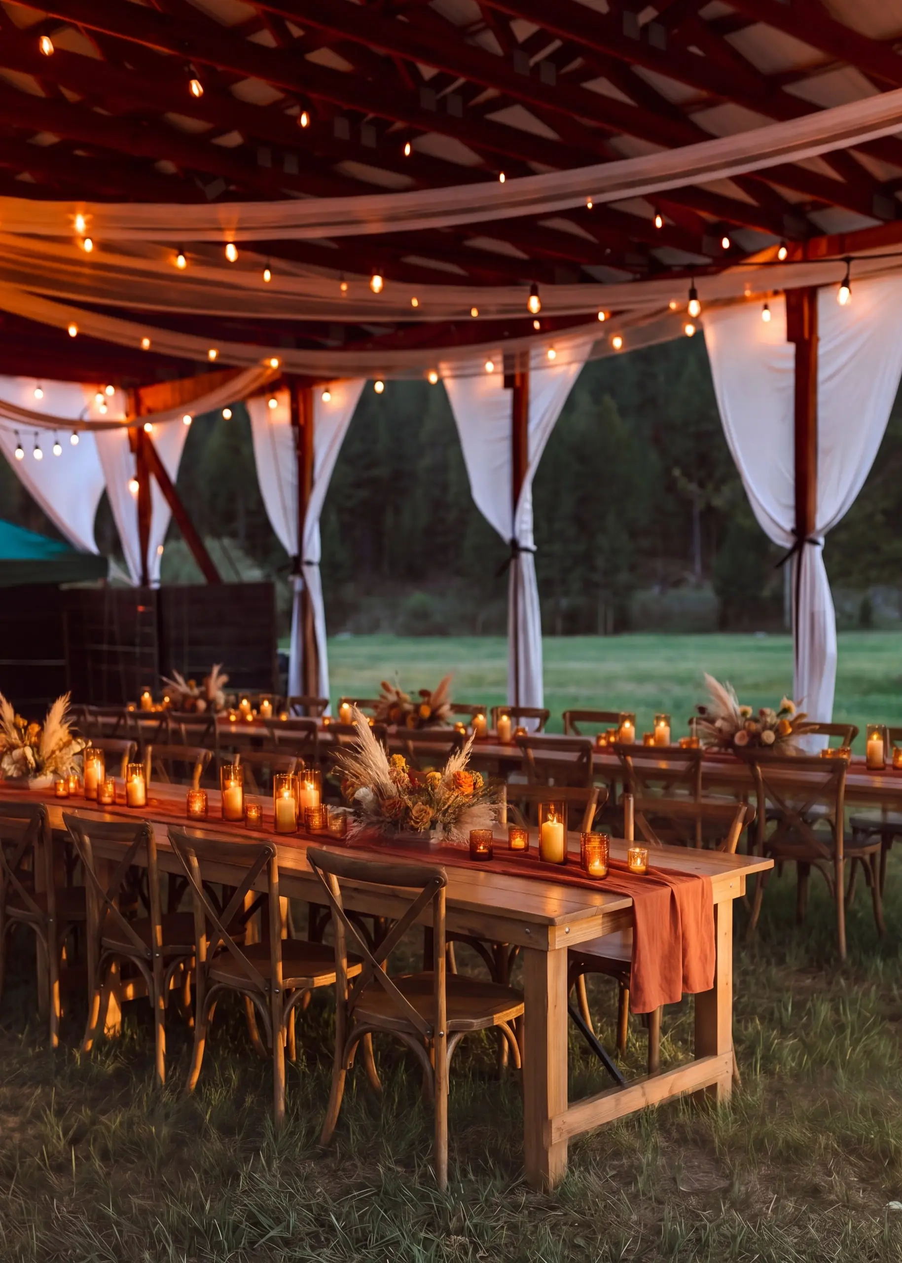 Candlelit tables with fall florals under the hangar string lights at Alta Ranch