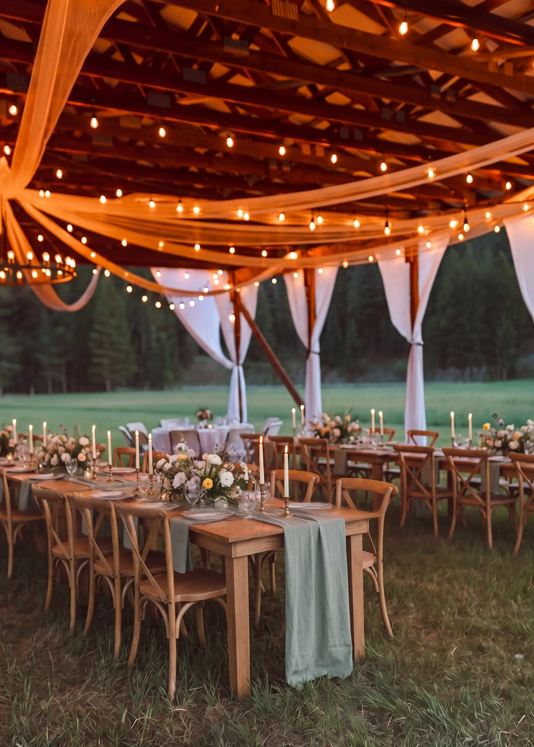 Long tables with florals and candles under draped fabric and string lights in the hangar