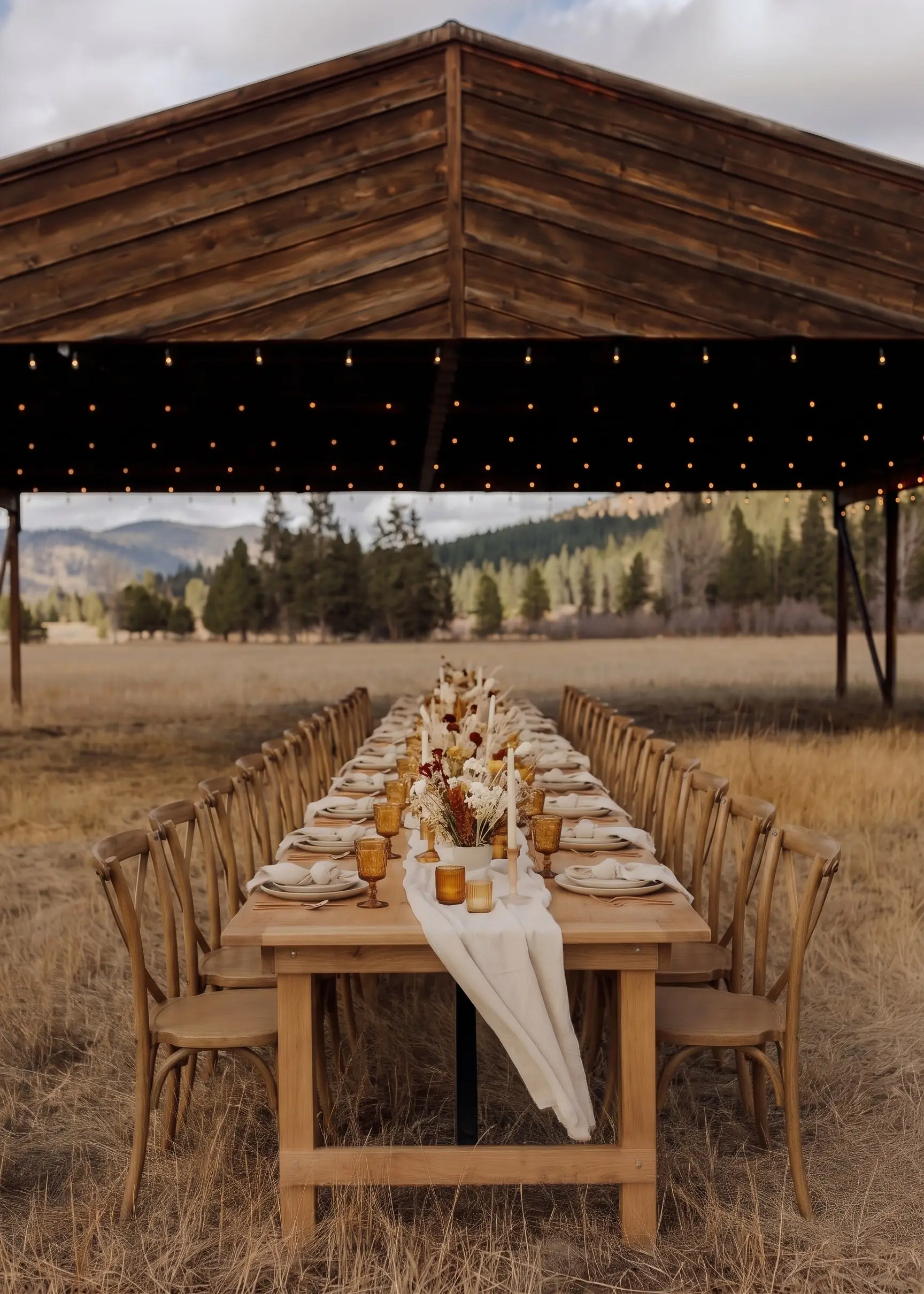Styling idea: a fall table under the hangar roof looking out over the golden meadow